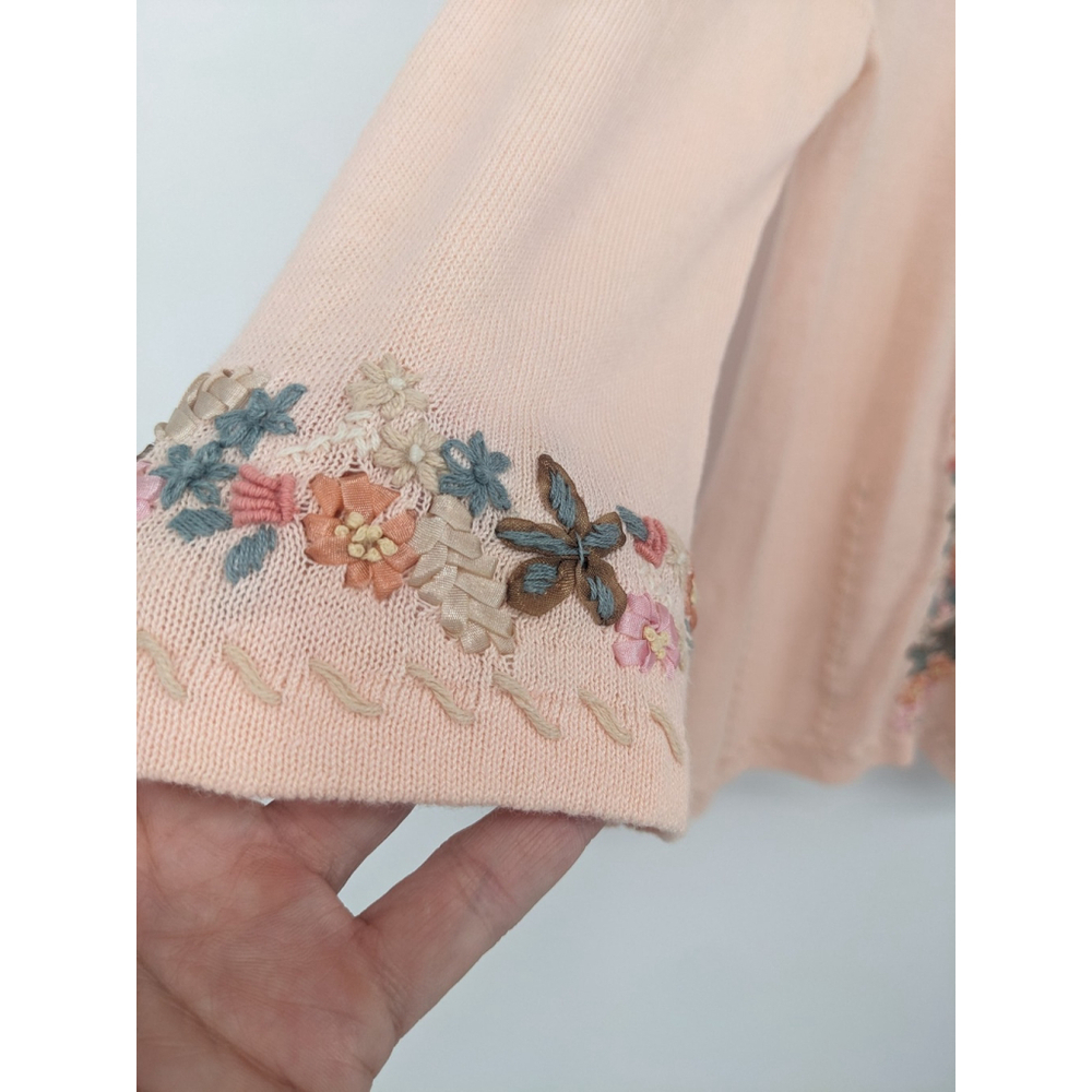 J Jill Sweater Womens Small Pink Floral Embroidered Linen Blend Cardigan Cottage - Picture 4 of 12